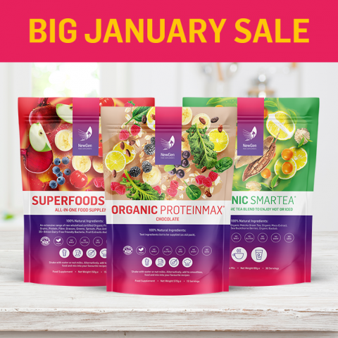 BIG January Sale!- x1 Organic ProteinMax Chocolate, x1 Superfoods Plus and x1 Organic Smartea - Normal SPR £123.97
